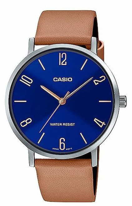 Casio MTP-VT01L-2B2 Men's Minimalistic Blue Dial Tan Leather Band Analog Watch