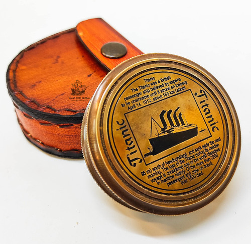 Asian Arts Global Compass Titanic Compass Brass with Handmade Leather Case Collectible Decorative Gifting Item, Birthday Gift, Wedding Gift