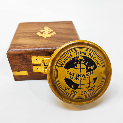 Asian Arts Global Greenwich Compass Brass Solid Direction Pocket Compass with Beautiful Wooden Box Vintage Collectible Item, Birthday Gift