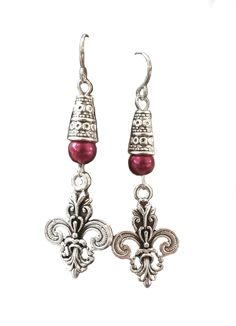 Fleur De Lis Handmade Double Sided Charm Earrings Red Accent