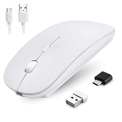 Candywe Rechargeable Wireless Mouse 2.4G Slim Noiseless Click Computer Mouse with USB Receiver & USB-C Adapter Wireless Mouse for Laptop, MacBook, Desktop, Tablet, Computer, Notebook, PC (White)