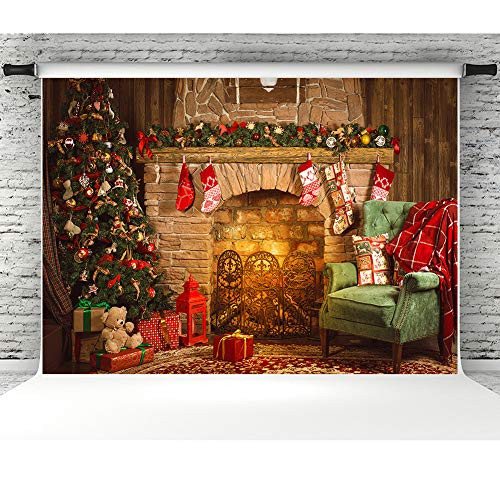 Christmas Tree Backdrops for Photography Brick Fireplace Vinyl Photo Studio Backgrounds 7x5ft Xmas Party Banner