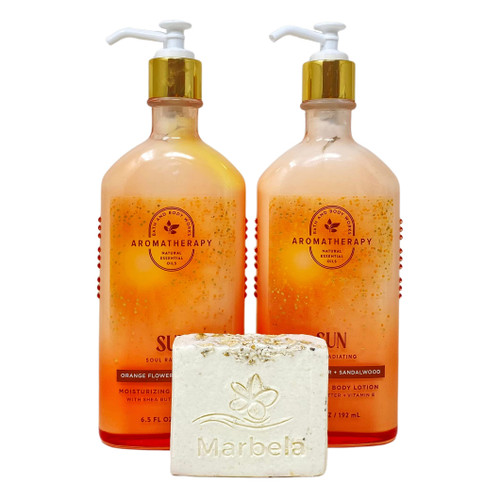 Bath & Body Works Aromatherapy Sun ~ Soul Radiating ~ ORANGE FLOWER + SANDALWOOD 2 Pack Moisturizing Body Lotion Gift Set with a Natural Oats Bar Soap - Full Size