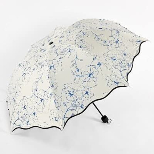 RAZZUM Umbrella Folding Umbrellas Anti- U V Black Coating Hibiscus Flower Umbrella Princess Girl Fashion Wave Edge Sunshade Umbrella for Rain and Sun umbrella