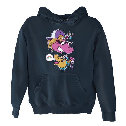 Unique Gift Idea for Dad and Baby Cool Cartoon Unicorns Wearing Hats and Sunglasses for Father and Child Navy and Muticolor Unisex Hoodie
