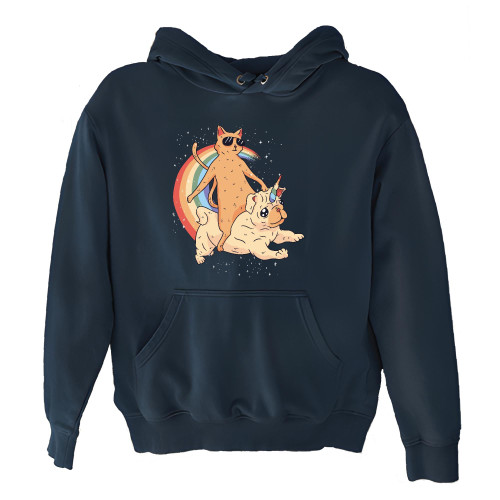 Funny Gift for Cat Lovers Cat Riding a Cat Wearing Sunglasses Riding a Unicorn Dog with Stars and a Rainbow Navy and Muticolor Unisex Hoodie