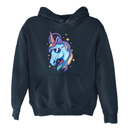 Gift Idea for Kids Sparkly Unicorn with Sunglasses for Unicorn Lovers Navy and Muticolor Unisex Hoodie