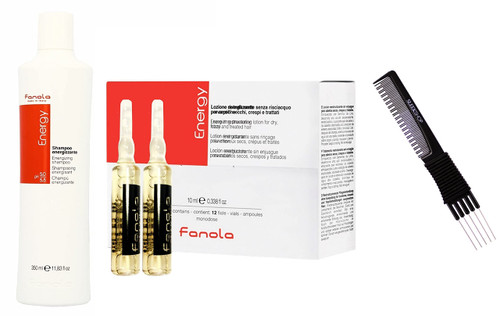 Sleekshop Comb + FanoIa ENERGY Shampoo & Energizing Prevention Lotion for Hair Loss, Weak or Limp Hair Duo Set Kit (w/SLEEKSHOP Premium Carbon Teasing Comb) (Shampoo (11.83 oz) + Lotion (12 vials))
