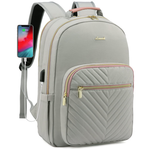 LOVEVOOK Laptop Backpack Purse for Women, Work Business Travel Computer Bags, College Nurse Backpack for Womens, Quilted Casual Daypack with USB Port, Fit 15.6 Inch Laptop, Grey Pink