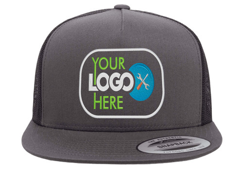 Your Logo Embroidered On Yupoong 6006 Flatbill Trucker Snapback Hat Custom Logo (Charcoal/Black)