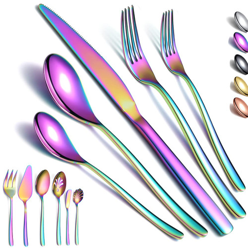 Rainbow Silverware Set 46 Piece, Stainless Steel Flatware Set, Cutlery Set, Utensil Set, With Cake Server, Serving Spoon, Slotted Serving Spoon, Serving Fork, Sugar Spoon, Butter Knife (Shiny Rainbow)