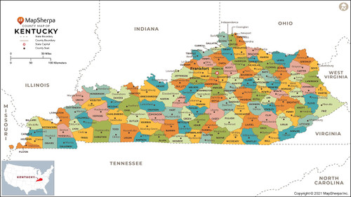 Kentucky Counties Map - Extra Large - 60" x 33.75" Paper
