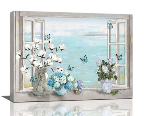 Cotton Hydrangea Bathroom Wall Art Farmhouse Flower Butterfly Pictures Floral Bathroom Wall Decor Cotton Bathroom Canvas Prints Painting Framed Artwork for Bathroom Bedroom 24"x16"