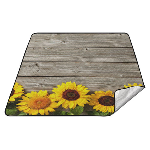 innewgogo Sunflowers on Wooden Oversized Beach Blanket Waterproof Sandproof Picnic Mat Lightweight & Durable Quick Drying Stadium Blanket for Beach Vacation Hiking Picnic