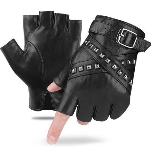 FIORETTO Mens Leather Gloves Fingerless Unlined Sheepskin Half Gloves for Motorcycle Black Large