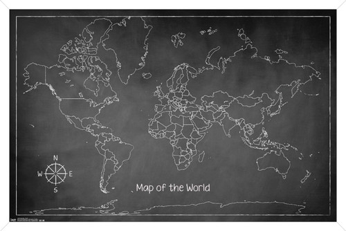Trends International Chalk Map-World Wall Poster, 14.725" x 22.375", White Framed Version