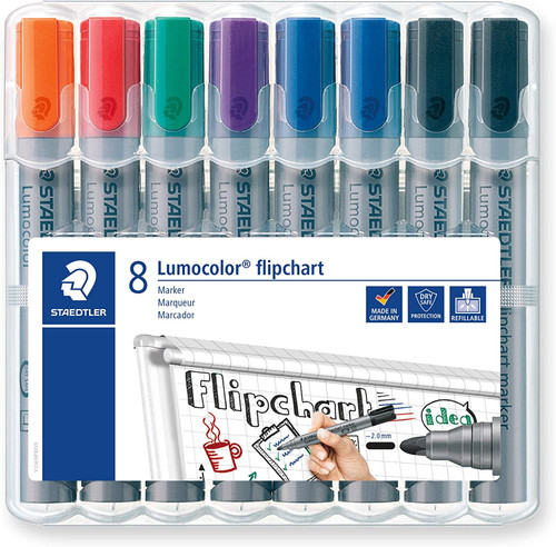 Staedtler Lumocolor 356 WP8X Flipchart Marker, Bullet Tip Approx. Line Width 2 mm, Set of 8 Colours, Ideal for Flipchart Pads, Colour-Intensive, Low-Odour,