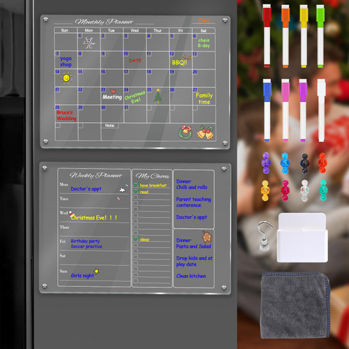 Acrylic Magnetic Calendar for Fridge, 2pcs Clear Refrigerator Calendar Dry Erase Board, Reusable Magnetic Refrigerator Planner, Includes 8 Dry Erase Markers, Magnetic Pen Holder,Board Eraser,Towel