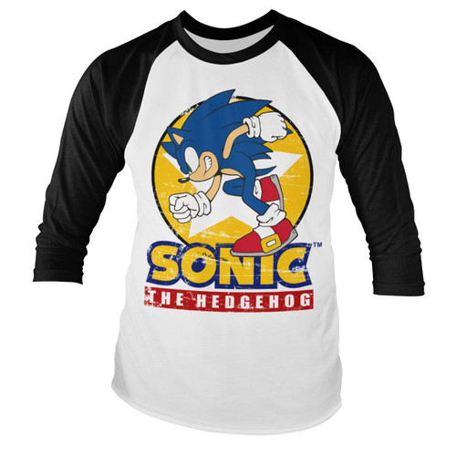 Sonic The Hedgehog Officially Licensed Fast Sonic - Sonic The Hedgehog Baseball 3/4 Sleeve T-Shirt (White-Black), Medium