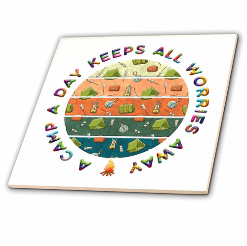 3dRose A Camp A Day Keeps All Worries Away. Tent, First-aid Box, Compass - Tiles (ct-362475-6)