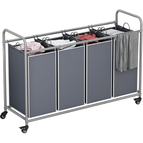 LINZINAR 4 Bag Laundry Basket Sorter Laundry Hamper Cart with Heavy Duty Rolling Lockable Wheels and Removable Bags, Grey