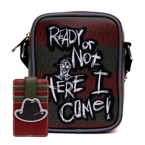Warner Bros. Horror Movies Bag and Wallet Combo, Nightmare on Elm Street Freddy Krueger Sweater and Hat Stripe, Vegan Leather Warner Bros. Horror Movies Bag and Wallet Combo, Nightmare on Elm Street Freddy Krueger Sweater and Hat Stripe, Vegan Leather