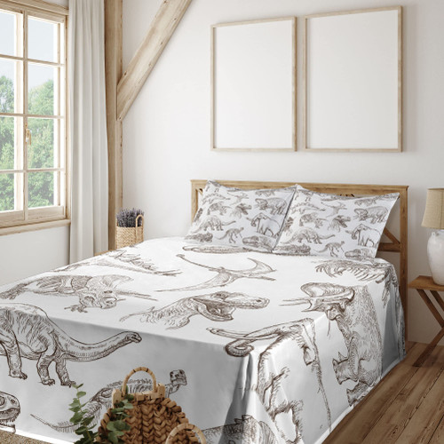 Ambesonne Jurassic Sheet Set, Arrangement of Various Dinosaurs Illustrations Skeleton Biology Historic, Fitted and Flat Sheet with Pillowcase Bedding Accent 3 Piece Set, Twin, Dark Brown White