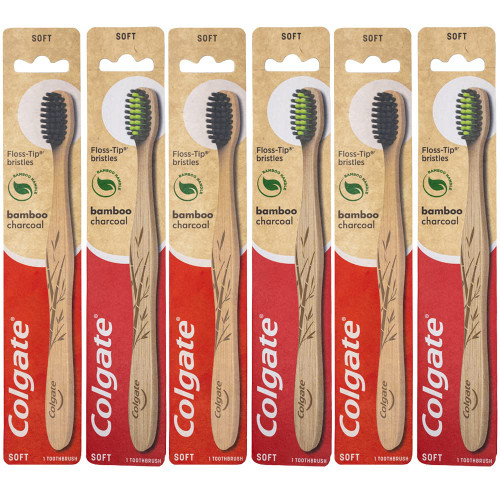 Colgate Charcoal Bamboo Toothbrushes, Floss Tip, Eco Friendly Natural Bamboo Handle, Soft - Pack of 6