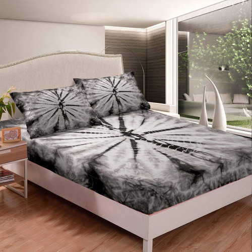 Erosebridal Tie Dye Fitted Sheet, Gray Tie Dye Bed Sheet Set Grey Spiral Vortex Bed Cover for Kids Boys Decor Gifts, Ethnic Tattoo Bedding Set 1 Fitted Sheet with 2 Pillow Cases Full Size