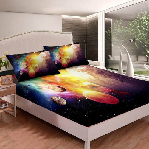 Erosebridal Galaxy Sheet Set Starry Sky Fitted Sheet Outer Space Planet Bedding Set Mysterious Universe Bed Cover Room Decorative for Adult 1 Fitted Sheet with 2 Pillow Cases Full Size
