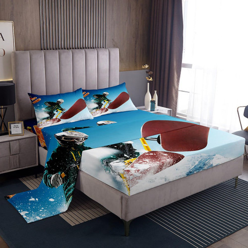 Skiing Sports Sheet Set Winter Ski Snowboarding Theme Bed Sheets Set Twin, Young Man Ski Board Outdoor Activities Sheets Cool Extreme Sports Bed Set 3Pcs - 1 Fitted Sheet 1 Top Sheet 1 Pillowcase