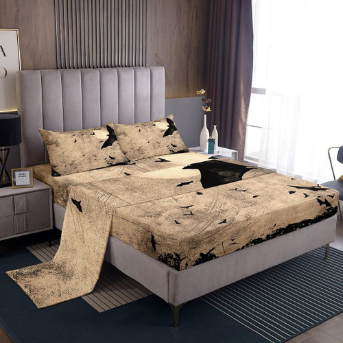 Erosebridal Grunge Halloween Sheet Set Balck Bats Bed Sheets Horror Spooky Trees Bedding Sheet Twin for Adults Men Women Moonlight Gothic Animal Halloween Fitted Sheet + Flat Sheet + 1 Pillow Case