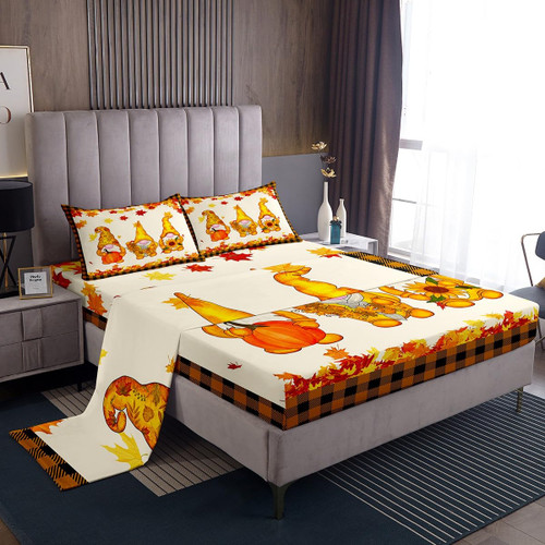 Autumn Pumpkin Bed Sheets, Fall Plants Sheet Set for Young, Scandinavian Farmhouse Floral Bed Set, Rustic Yellow Orange Decor Sheets with 1 Pillowcase 3Pcs Bedding Twin