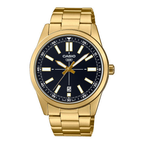 Casio MTP-VD02G-1E Men's Gold Tone Stainless Steel Black Dial 3-Hand Analog Watch