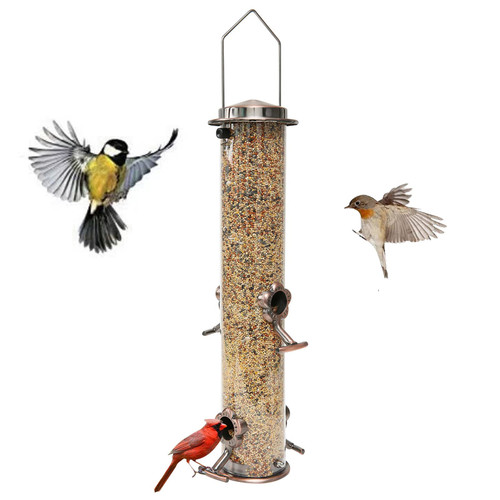 Squirrel Proof Wild Bird Feeder for Outside,Feeder W/4 Feeding Ports,Stainless Steel Hanging Wild Bird Feeders for Garden Backyard Outdoor Decoration Attracting Birds