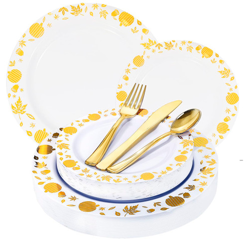 WDF 150pcs Thanksgiving Plates Gold Plastic Silverware - Dinnerware Sets for 30 Guests Include 30 Dinner Plates, 30 Salad Plates,30 Forks,30 Knives,30 Spoons for Thanksgiving Dinner