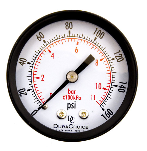 DuraChoice 2' Dial Utility Pressure Gauge for Air Compressor Water Oil Gas, 1/4' NPT Center Back Mount, Black Steel Case, 0-160 PSI