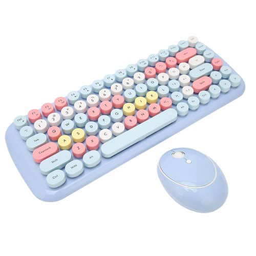 Wireless Keyboard and Mouse Combo, 2.4G Wireless Portable 84 Keys Retro Round Keycaps Keyboard Typewriter Style, 1600DPI Quiet Keyboard Set, for Windows XP 7 8 10 System(Candy-Light Blue Mixed Color)