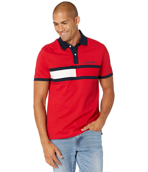 Tommy Hilfiger Men's Short Sleeve Cotton Pique Flag Polo in Regular Fit, Classic RED, X-Large