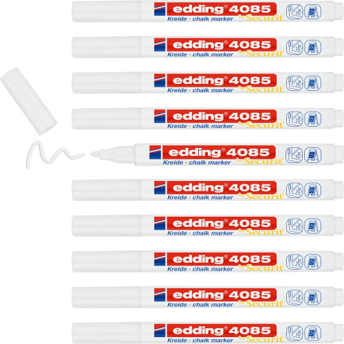 Edding 4085 chalk marker - white - 10 chalk pens - round tip 1-2 mm - fine-tipped wet wipe pen for chalkboards, windows, glass, mirrors - liquid chalk marker pens for opaque coverage