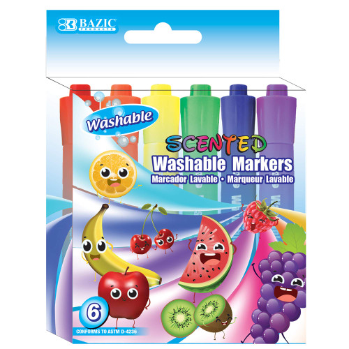 BAZIC Washable Fruit Scented Markers Broad Line 6 Color, Chisel Tip Broad Fine Line, Non Toxic Marcadorc Art School Supplies (6/Pack), 24-Packs
