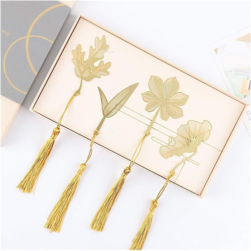 Bookmarks Gifts Book Markers Page Clip,4 Pieces Metal Leaf Bookmarks Gift Box Set,Creative Metal Antique Bookmark Golden Hollow Exquisite Bookmark with Tassel Book Markers Page Clip