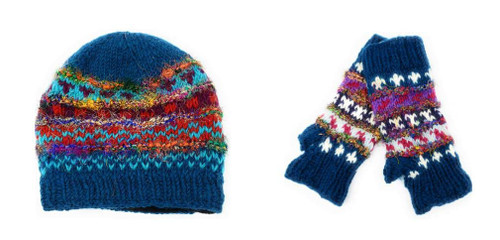 Hand Knit Wool & Recycled Silk Beanie Hat & Fingerless Gloves Set Fleece Lined Made in Nepal (Teal)
