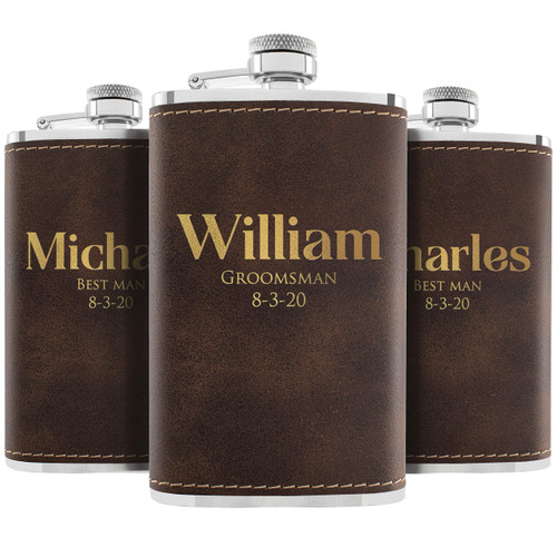 Groomsmen Gifts Set of 3, Personalized Hip Flasks, Groomsmen Proposal, 6 Oz Engraved Leatherette Flasks for Men, Best Man Gifts for Wedding, Groomsmen Gifts for Wedding - Rustic #1