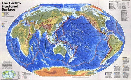 National Geographic: Earths Fractured Surface - World Tectonic Plates Wall Map - Pacific Centered - 36.25 x 22.25 inches - Laminated