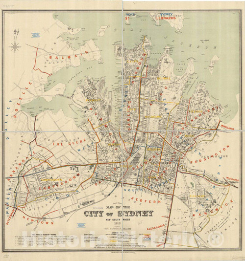 Historic Pictoric Map : Sydney (Australia) 1910 1, Map of The City of Sydney, New South Wales, Antique Vintage Reproduction : 16in x 16in