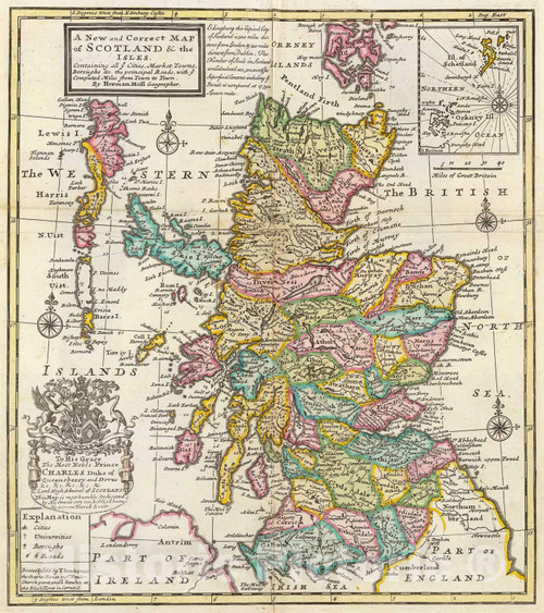 Historic Map - 1736 New and Correct map of Scotland & The Isles. - Vintage Wall Art - 16in x 18in Historic Map - 1736 New and Correct map of Scotland & The Isles. - Vintage Wall Art - 16in x 18in