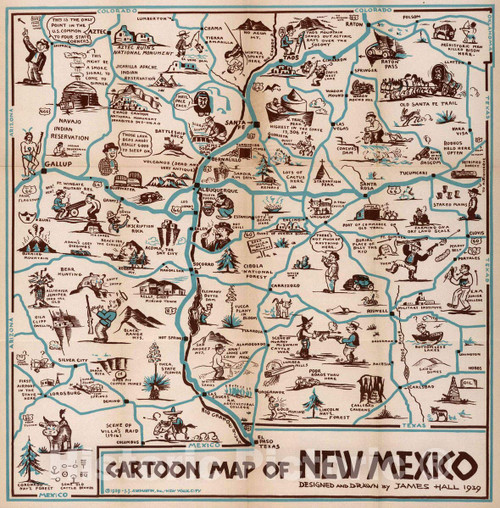 Historic Map : Cartoon Map of New Mexico. Designed and Drawn by James Hall. 1939, 1939 Guide Book - Vintage Wall Art - 16in x 16in