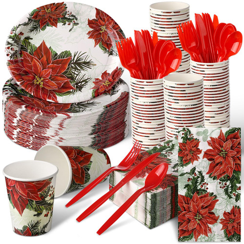 Umigy 350 Pcs Christmas Poinsettia Dinnerware Set for 50 Guests Christmas Oval Paper Plates and Napkins Disposable Cups Knives Forks Spoons Xmas Tableware Party Supplies for Dinner Party Decoration Umigy 350 Pcs Christmas Poinsettia Dinnerware Set for 50 Guests Christmas Oval Paper Plates and Napkins Disposable Cups Knives Forks Spoons Xmas Tableware Party Supplies for Dinner Party Decoration
