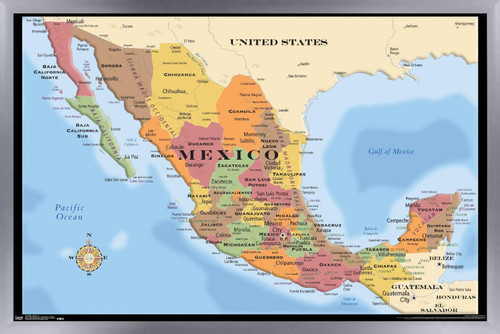 Trends International Map - Mexico Wall Poster, 14.725" x 22.375", Silver Framed Version